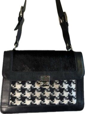 Preston & York Black White Houndstooth Shoulder Bag Faux Fur Leather Trim Purse